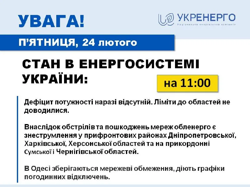 24 лютого можливі відключення світла в п'яти регіонах України