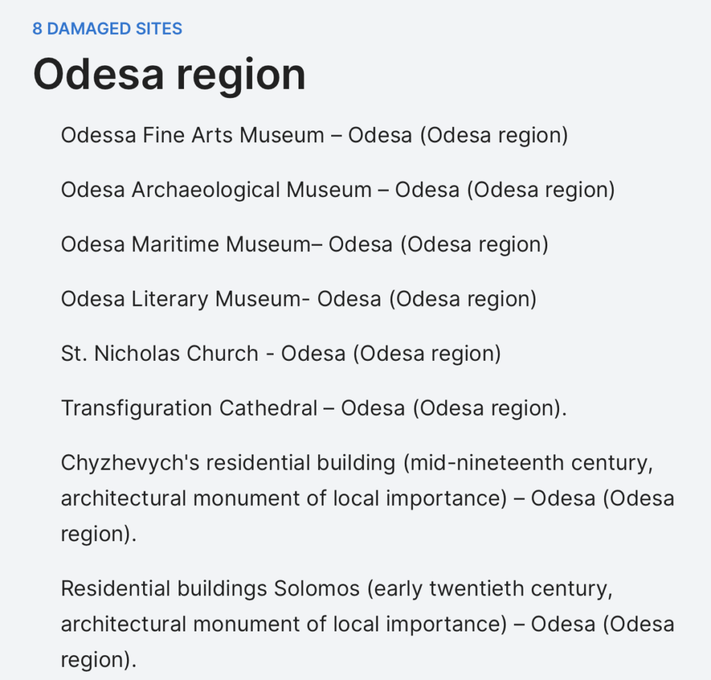 Список пошкоджених пам'яток культури на Одещині, які зафіксували представники  ЮНЕСКО